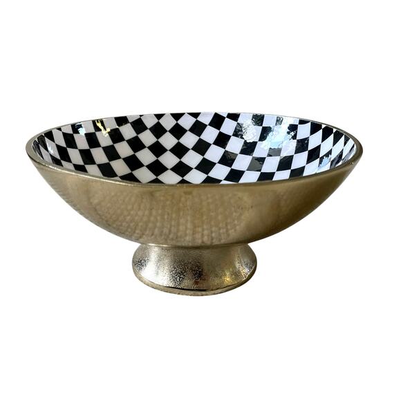 Black & White Checkered Enameled Gold Metal Bowl 10" Made in India NEW - Picture 1 of 16